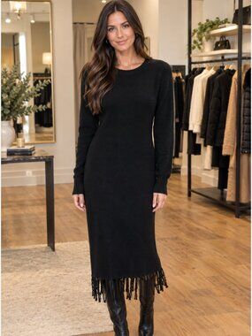 CANDELA BLACK FRINGE KNIT DRESS WITH LACE SLEEVES MEDIUM